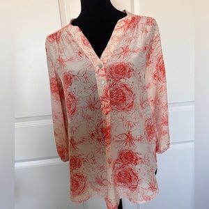 Women’s Cream Floral V-Neck Blouse with Coral Print
